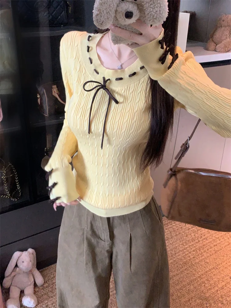 

Корейский женский вязаный свитер Sle Long Sve, мягкий уютный внутренний свитер с завязками на узле, топ Sweet Sle, облегающий крой, осень-зима