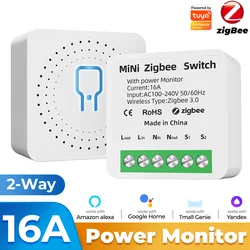 MiNi interruptor inteligente Tuya Zigbee/WiFi, relé con Monitor de potencia, 16A, Control bidireccional, temporizador, funciona con Alexa, Google Home, Alice