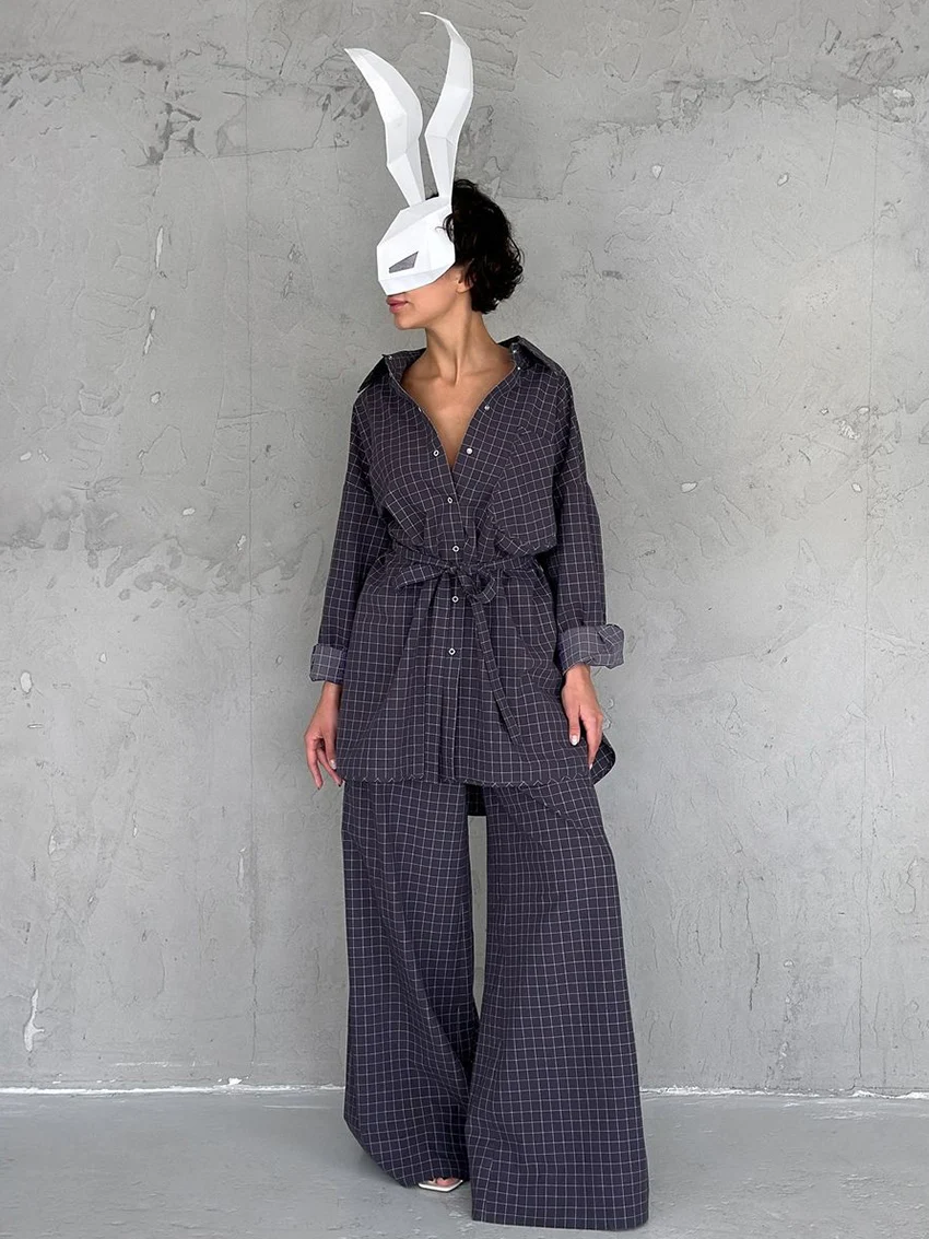 

Marthaqiqi Plaid Women Nightgowns Set Turn-Down Collar Sleepwear Long Sleeve Nightwear Wide Leg Pants Ladies Pajama 2 Piece Suit