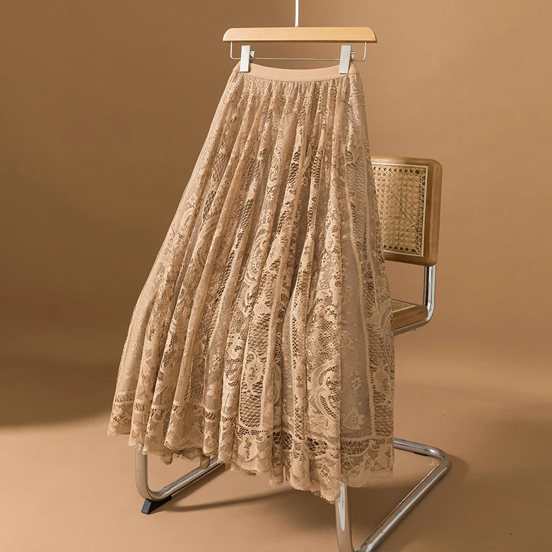 Faionable Großer Retro-Spitzen-Druck, hauchdünner A-Linien-Rock, Sommer, locker, schlankmachend, altersreduzierend, hohe Taille, Polyesterfaser