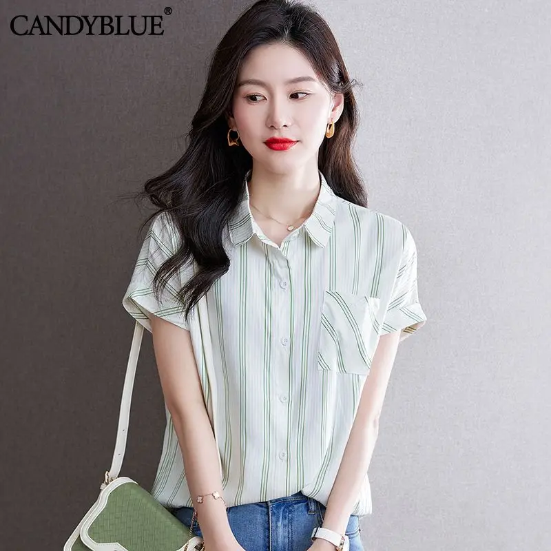 Light Green Striped Cotton Polo Neck Loose Single-breasted Women's Blouse Shirt Short Sleeve Blouses Tops Female Clothing 2022