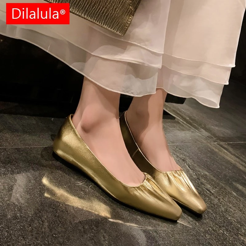 

Dilalula 2025 Genuine Sheepskin Leather Flats Women Pleated Shallow Flat Heel Leisure Pumps Office Lady Daily Walk Shoes Female