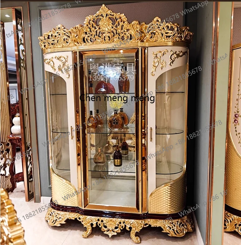 French gold foil wine cabinet European court solid wood carving flower display locker glass door decorative cabinet