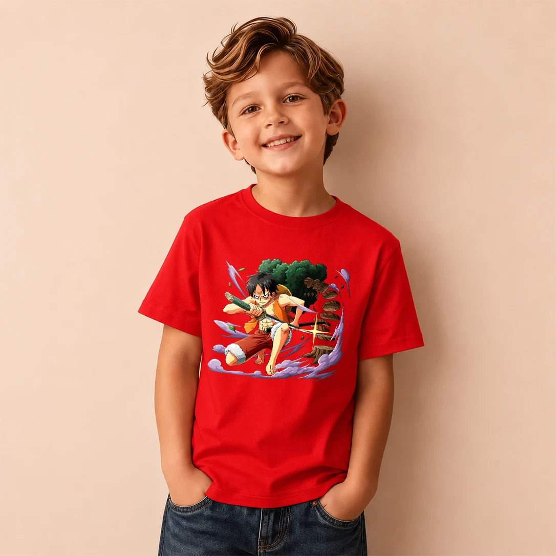 Kids T‑Shirt One Piece Monkey D Luffy Jungle Battle Print Short Sleeve Casual Tops Boys Girls Anime Children Daily Wear Tees
