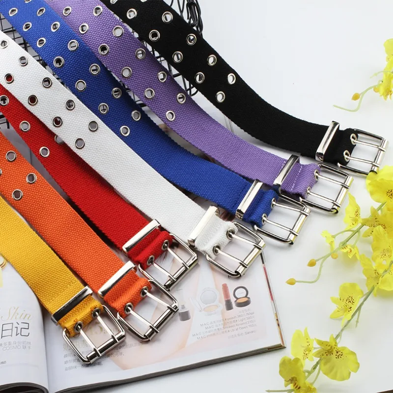 Trendy Street-Style Double-Row-Eyelet Canvas Leather Belt Casual Everyday Extended-Lengt Openwork Sturdy and Durable Denim Belt