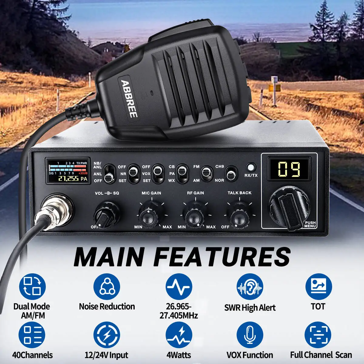 ABBREE AR-M8 27MHz CB Mobile Radio Transceiver 40CH FM AM Long Range Handheld CB Walkie Talkie Amateur Car Radio for Truckers