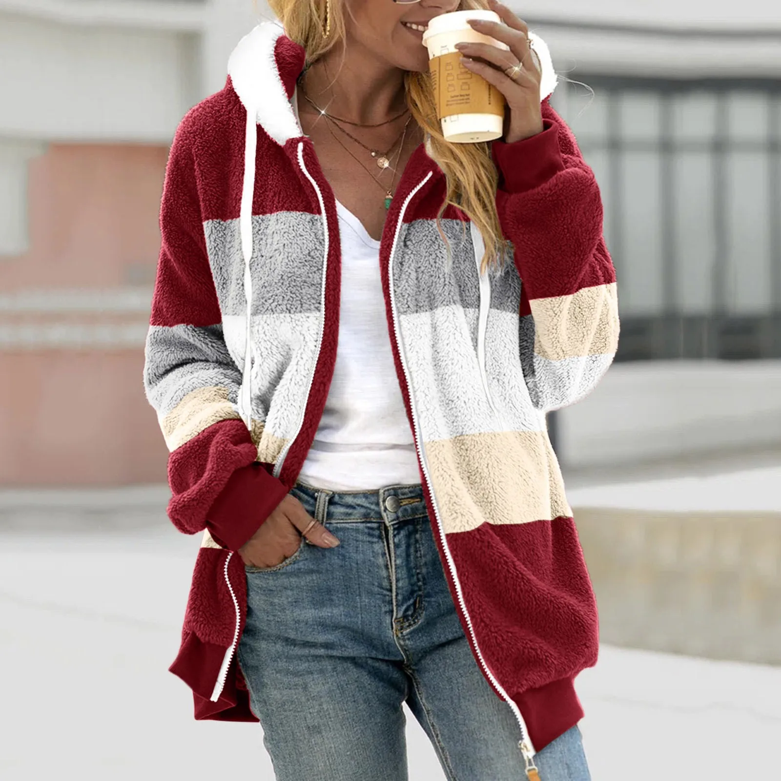 

Women'S Casual Color Block Sweatshirt Zipper Hoodie Loose Blouse Warm Coat Jacket Autumn Winter Fleece Lined Flannel Jackets