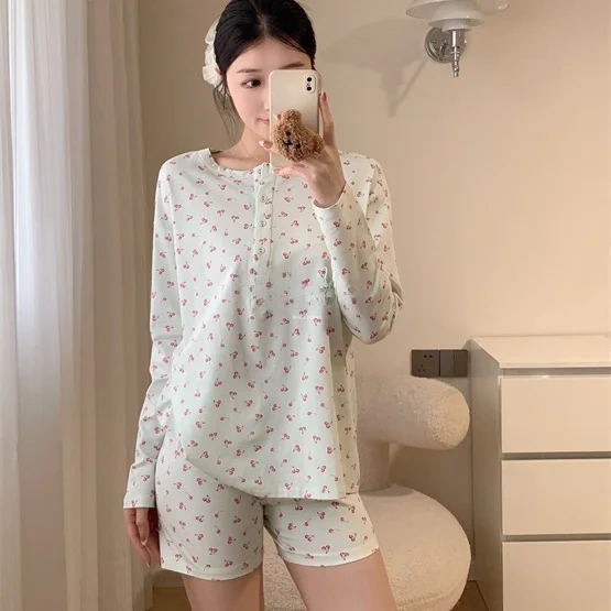 soft-cotton-short-sleeve-long-pants-sleepwear-cherry-print-comfortable-skin-friendly-home-clothes-single-white-green-design