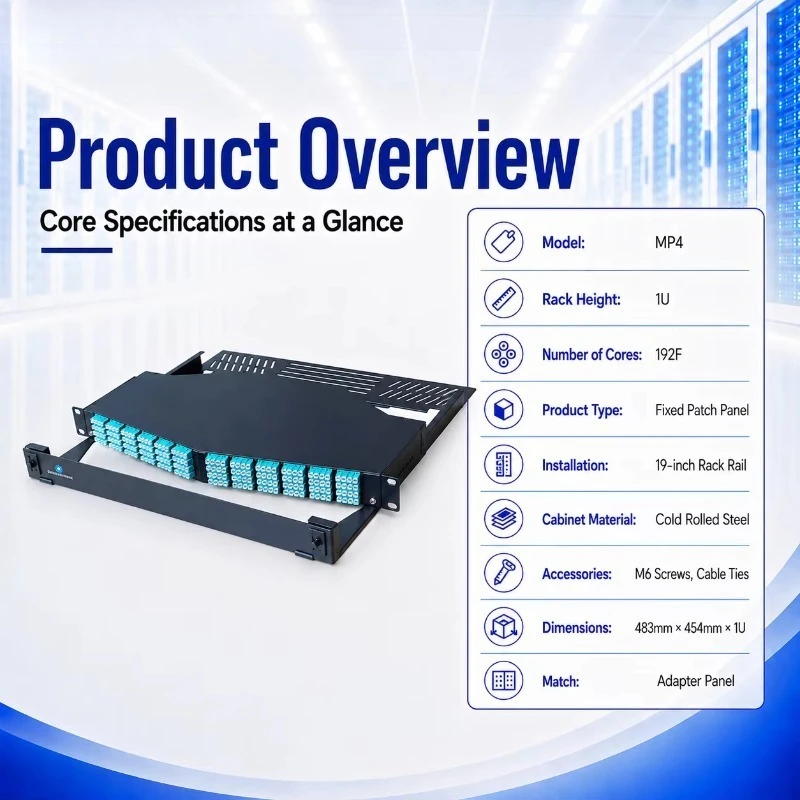 19-inch rack-mounted 1U 192-core fiber optic distribution frame for high-density data center cable management