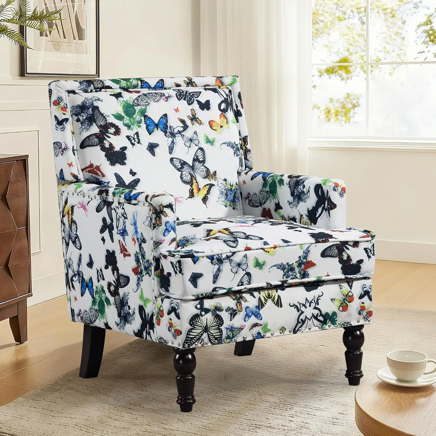 Mid-Century Wingback Accent Chair Linen Upholstered Solid Wood Floral Living Room Bedroom Single Sofa, Customized
