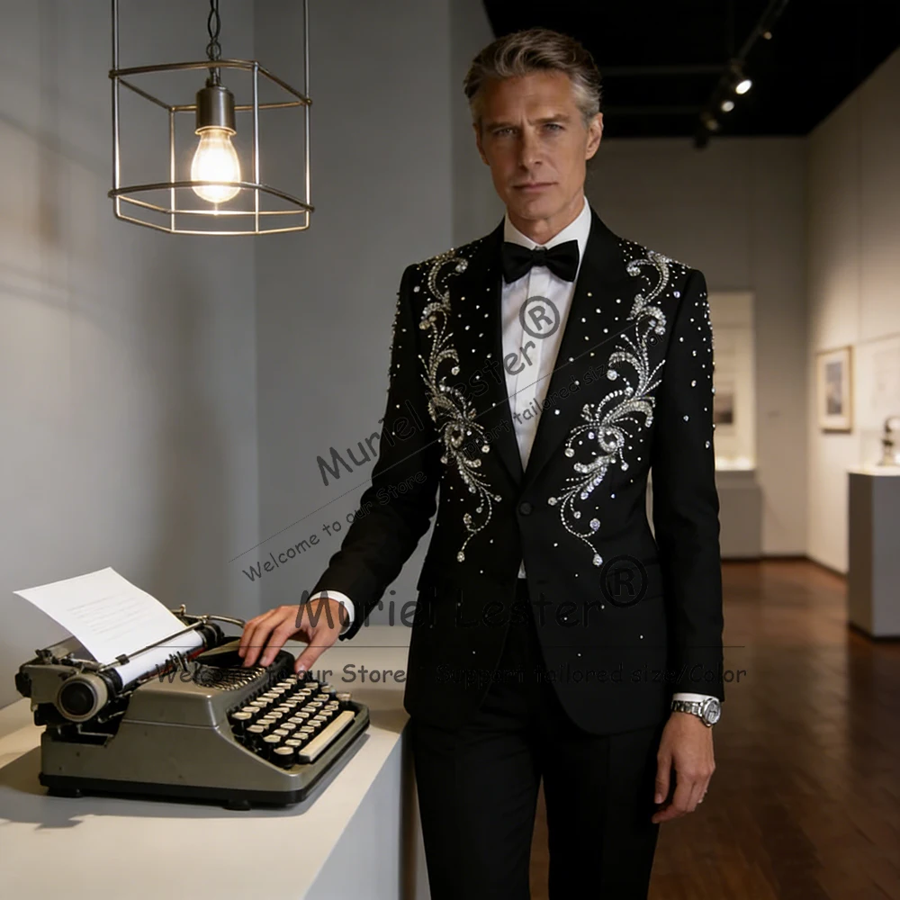 

Luxury Beaded Crystals Suits Men Slim Fit Single Breasted Jacket Pants 2 Piece Set Groom Tuxedos Customized Man Wedding Attire