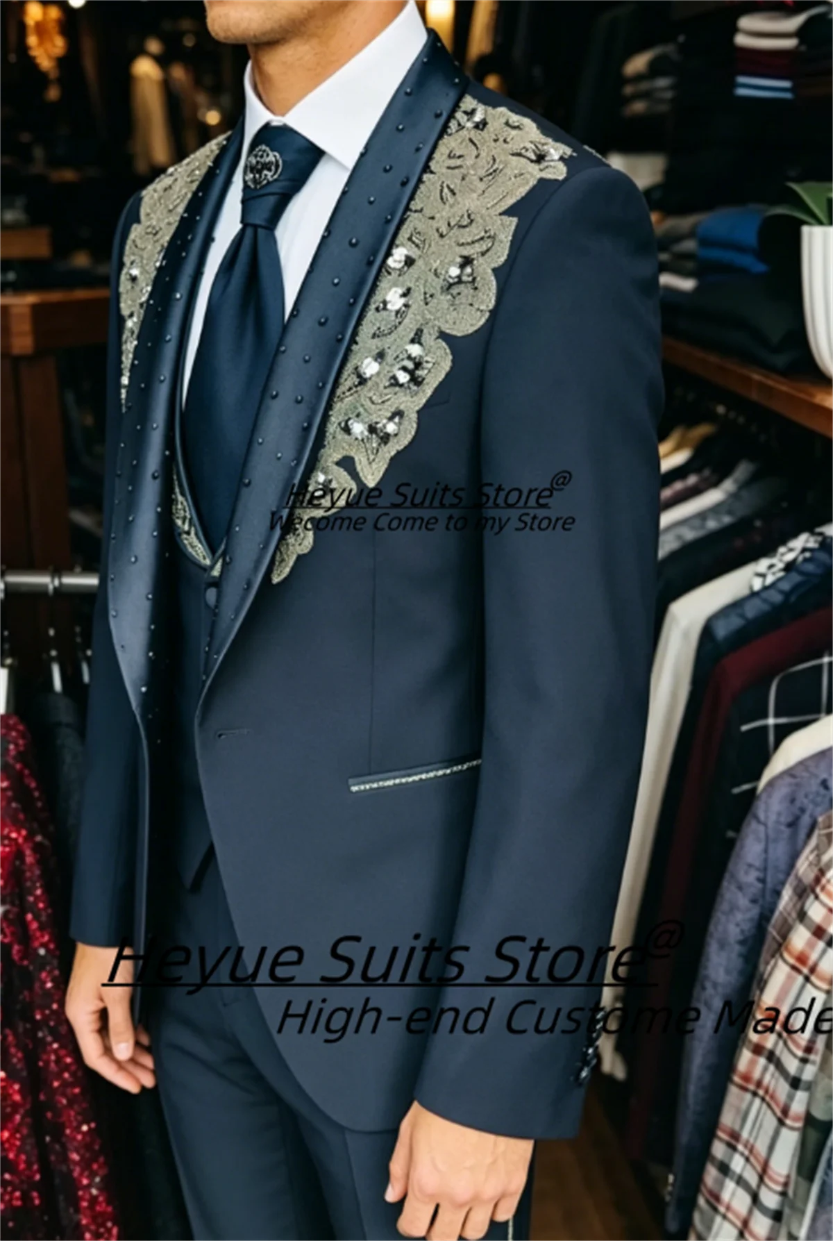 Luxury Business Dinner Groom Wedding Tuxedos Customized Slim Fit Shawl lapel Men Suits 3Pcs Sets Male Formal Blazers Ropa Hombre