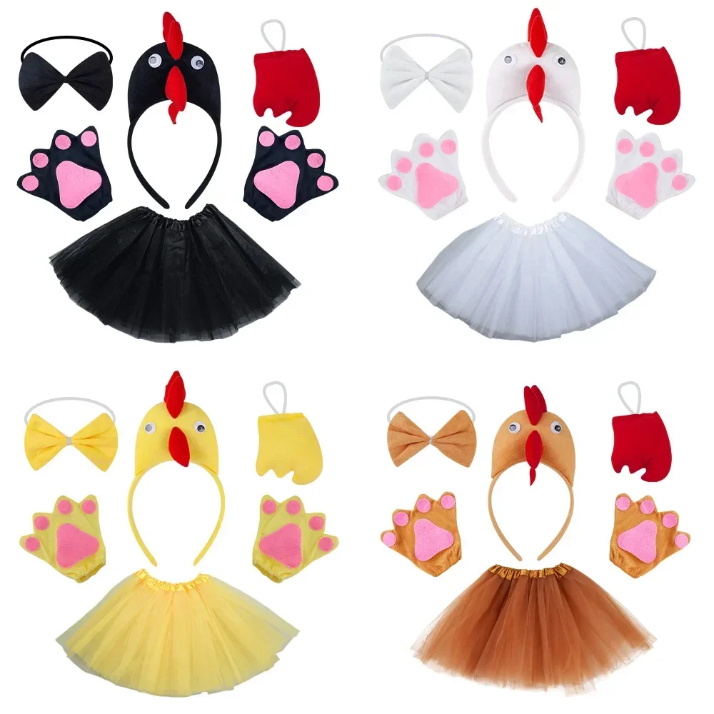 Party Girls Kids Chicken 3D Animal Costume Chick Headband Bowtie Tail Tutu Set Halloween Christmas Cosplay For 3- 8Years