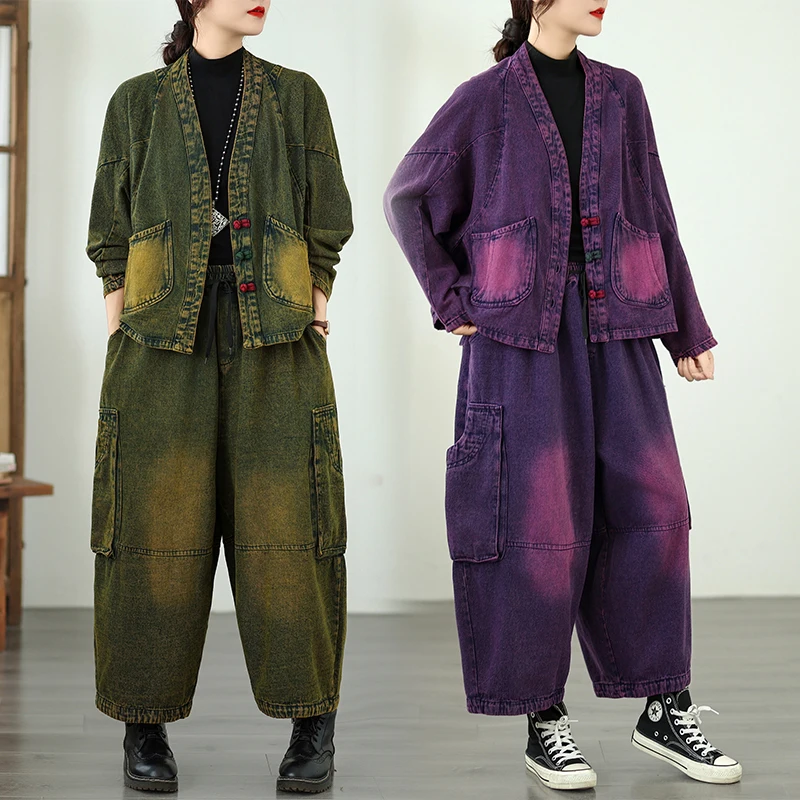 

Джинсовый повседневный комплект в стиле ретро с пуговицами и 3D ket Loose Faion Personali, топ с крыльями летучей мыши, комплект из двух предметов для женщин, осенняя одежда