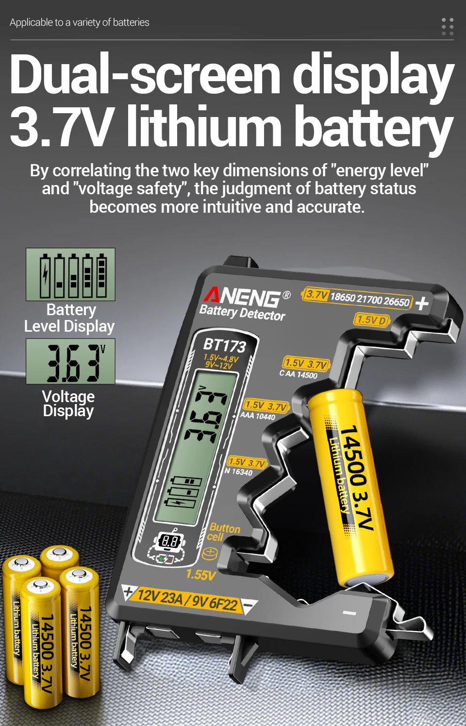 ANENG SZ305 Digital Multimeter AC / DC Spannungs-Ammeter-Kondensator hFE Triode NCV Spannungsinduktionsdetektor + BT173 Universal Digital Display Batterie-Tester Professioneller Elektriker-Werkzeuge-Kit – Detail 25