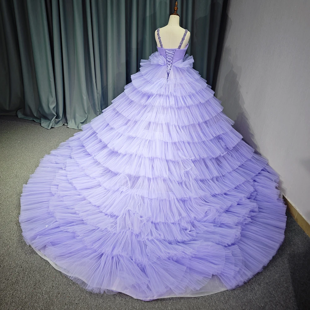 Beautiful Spaghetti Straps Tiered Skirt Quinceanera Dresses Crystal Beading Bodice Long Train Ball Gown for Sweet 15 16 Party