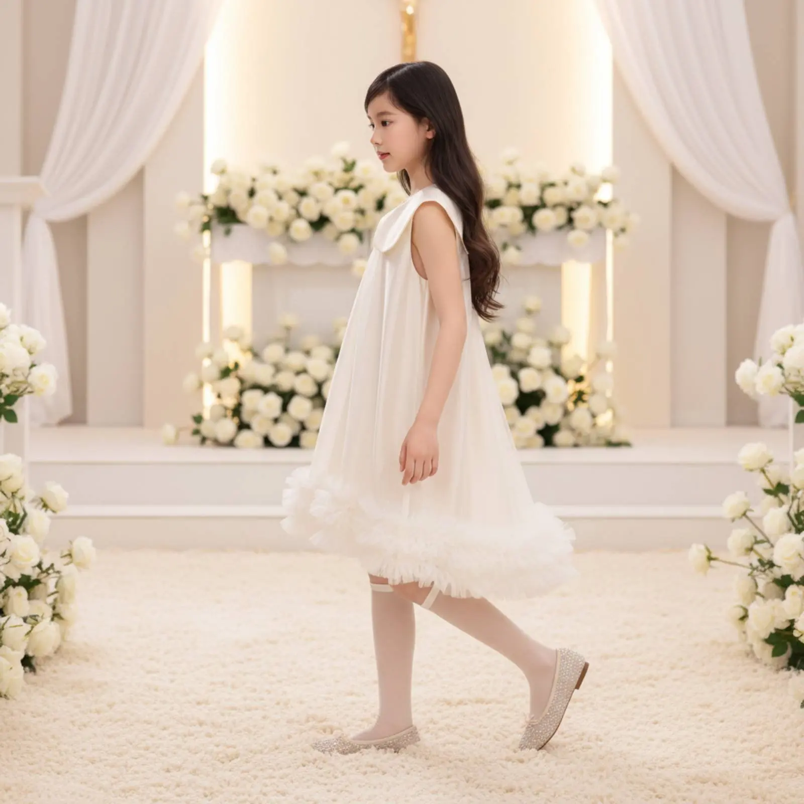 

Sleeveless Peter Pan Collar Dress Lightweight Shimmery Doll Collar Dress Girl Frock Breathable for Wedding