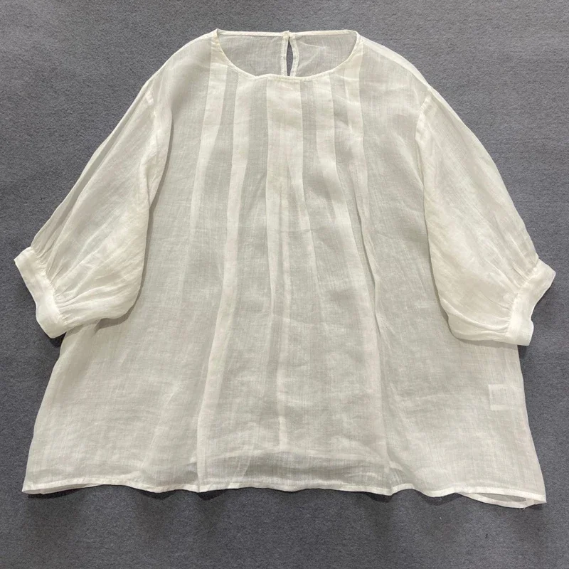 New Thin Solid Color Linen All Match Shirts For Women 2024 Summer O-neck Loose All Match Female Vintage Blouses