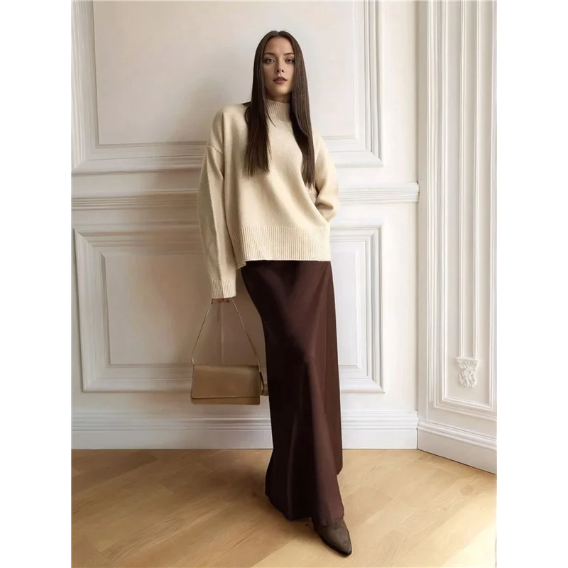 ASDS-Damen-Maxiröcke aus Satin mit hoher Taille und langem Reißverschluss in A-Linie