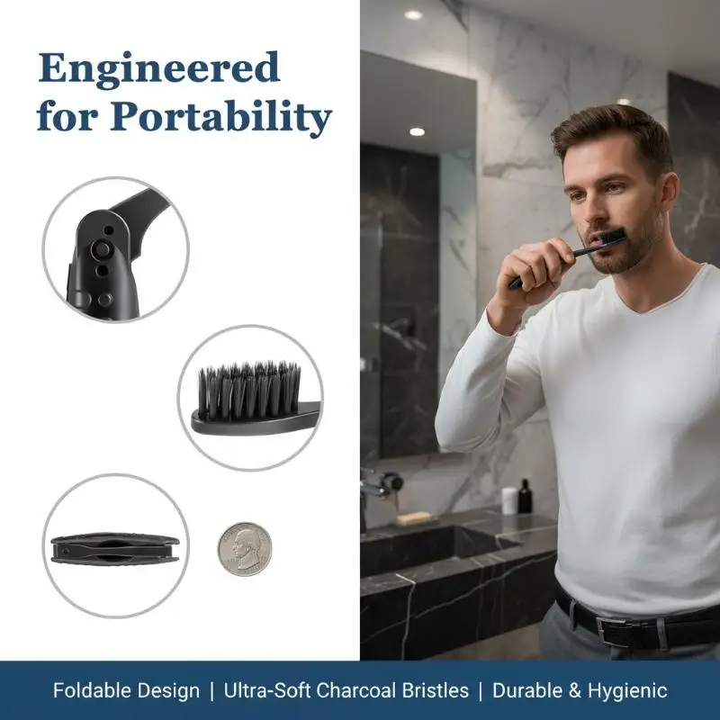 Compact Portable Black Folding Toothbrush Manual Soft Bristles Full Head Travel Size for Outdoor Activities