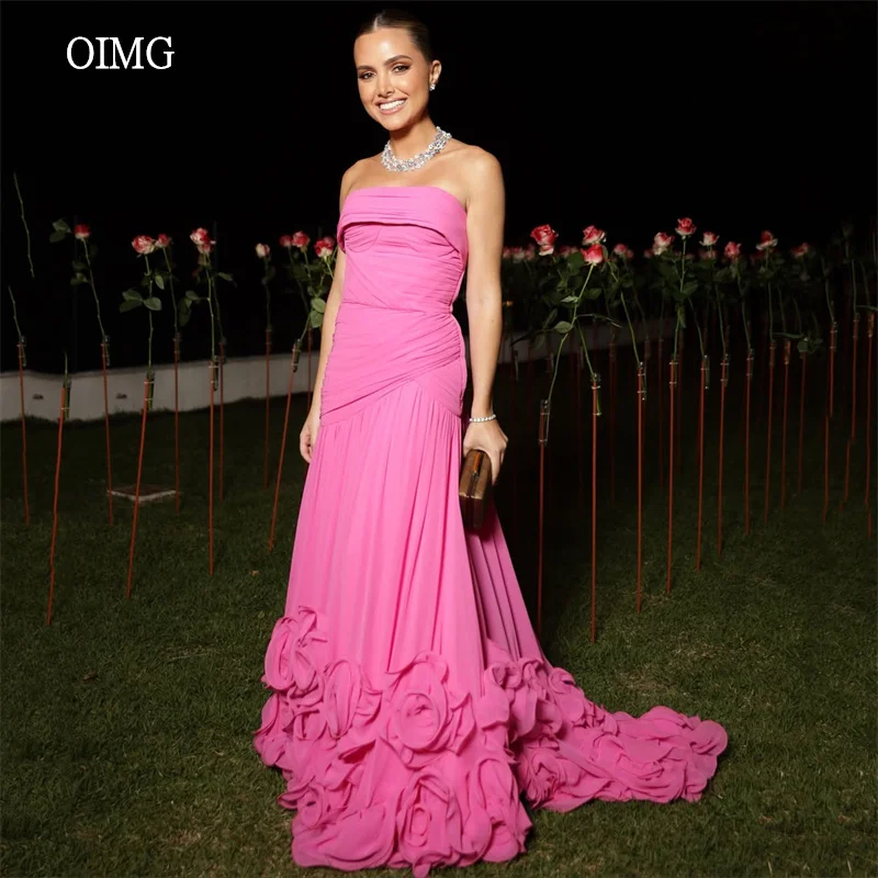 

OIMG Hot Pink Strapless Pleated Prom Gowns Chiffon 3D Flowers Tail Backless Party Gown Floor Length Evening Dress Customized