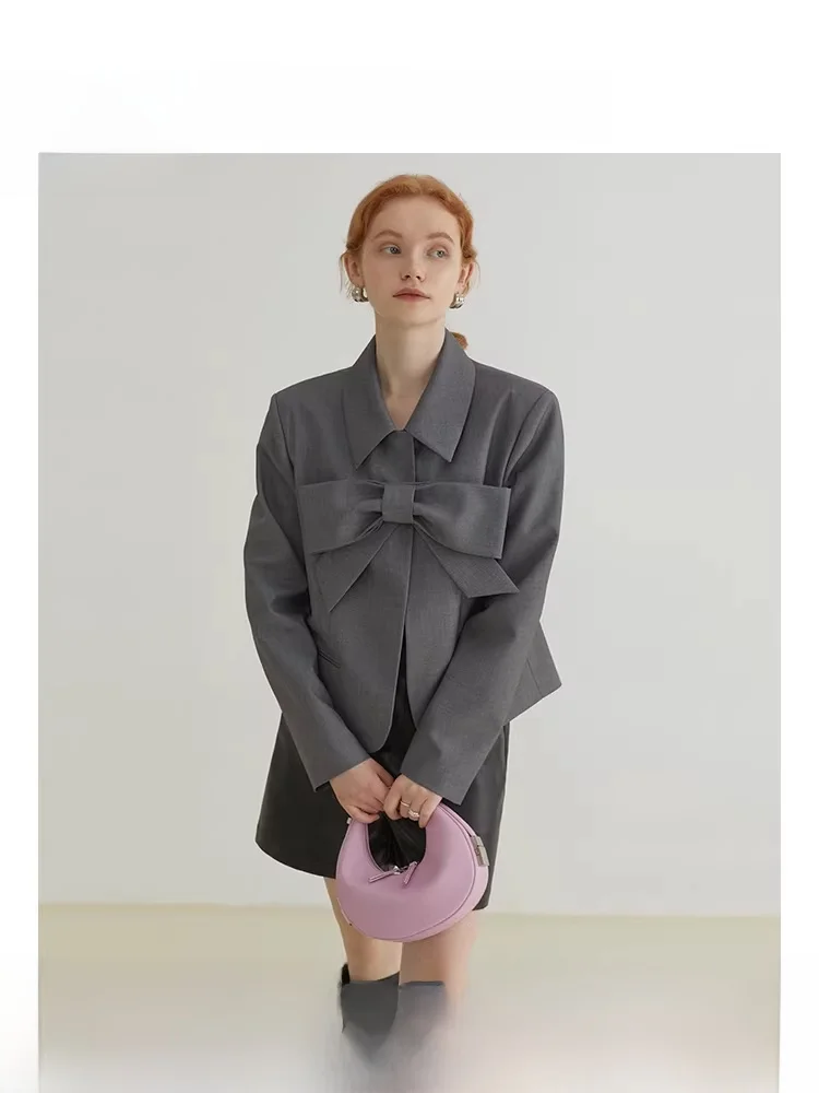 

Fano Studios Spring 2026 Women's Suit Jacket with Bow Design Short Length Straight Cut Commute Style Pure Color Polyester