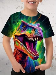 Colorful Dinosaur Graphic T-shirt for Boys - 3D Digital Print, Active and Stretchy Short Sleeve Tee for Summer Outdoor Fun