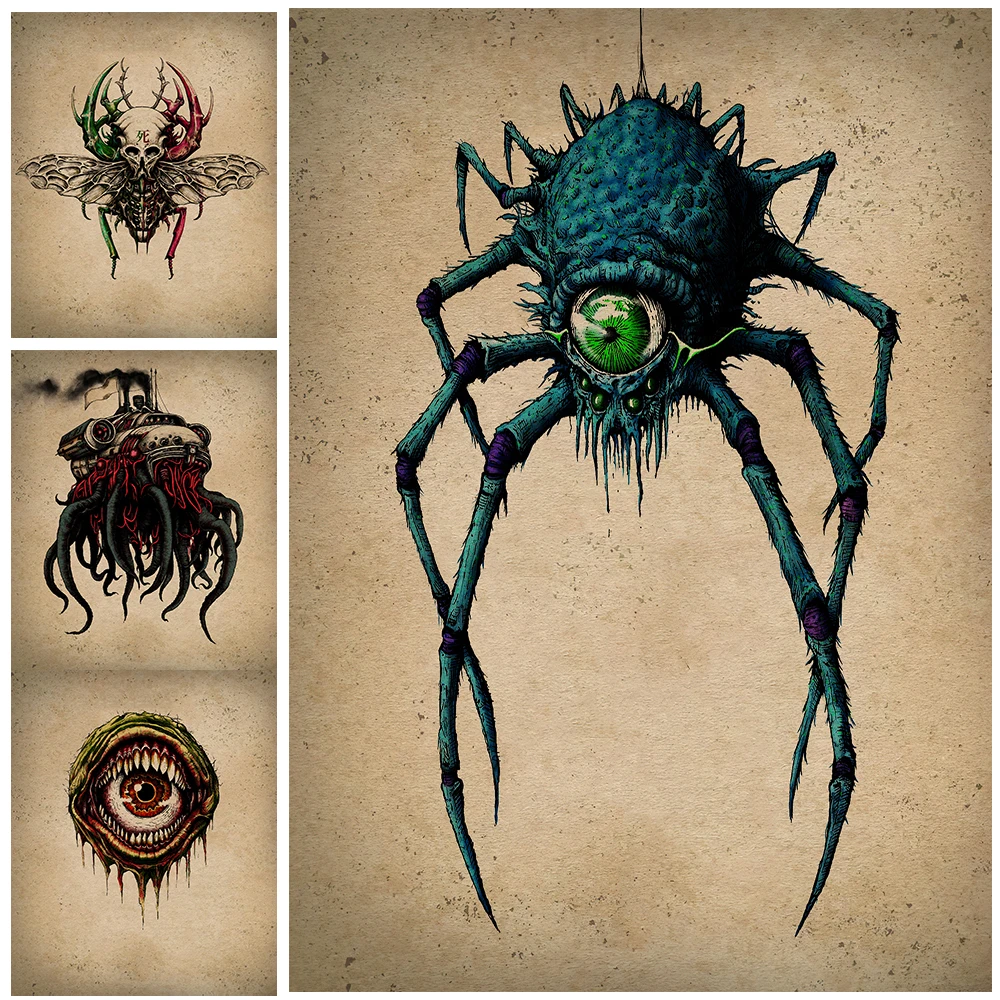 One-Eyed Spider And Death Beetle,Vintage Wall Art Canvas Painting Surreal Fantasy Creature Abstract Art Poster Print Home Decor