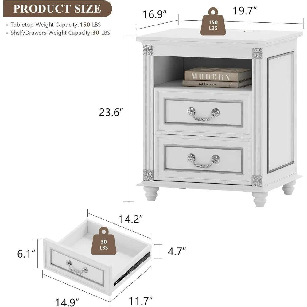 Night Stand with Power Outlets and USB Ports, Side Table with 3 Color LED Lights, 2 Drawers Storage and 4 Wood Feet.