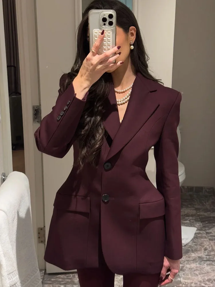 BKQU Single Breasted Full Sleeve Elegant Suit Jackets Women Burgundy Lapel Pockets Commute Slim Blazer Coat 2025 Chic Streetwear