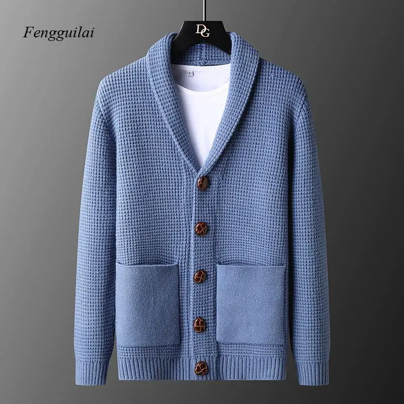 

Cozy Waffle Knit Shawl Collar Cardigan Men's Button-Down Knit Sweater with Patch Pockets, Warm Winter Layering