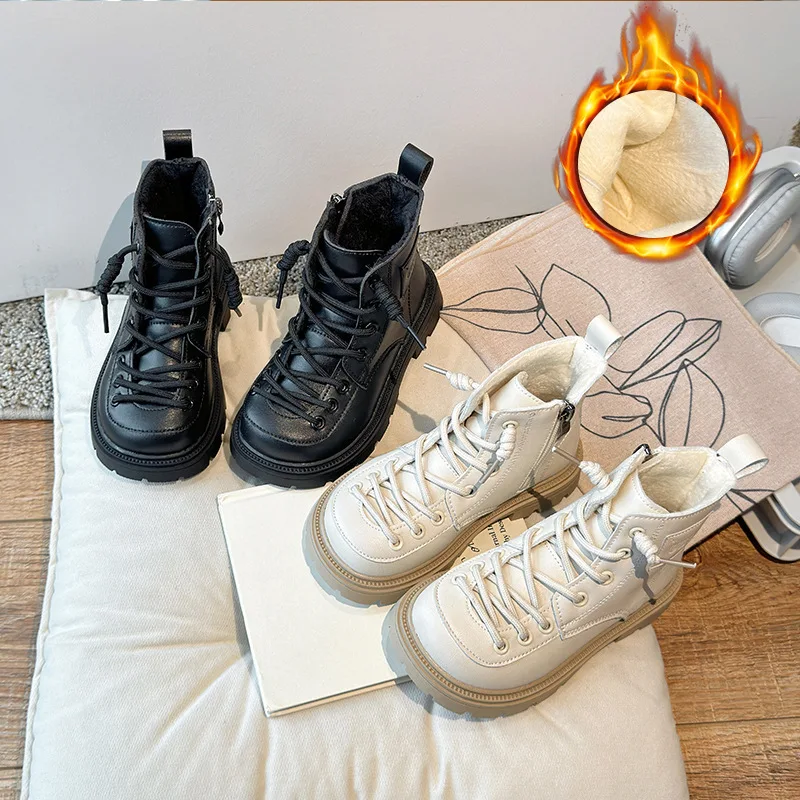 

2025 зимние новые детские кожаные ботинки для мальчиков, уличные противоскользящие универсальные простые детские ботильоны с боковой молнией, повседневные кроссовки для девочек