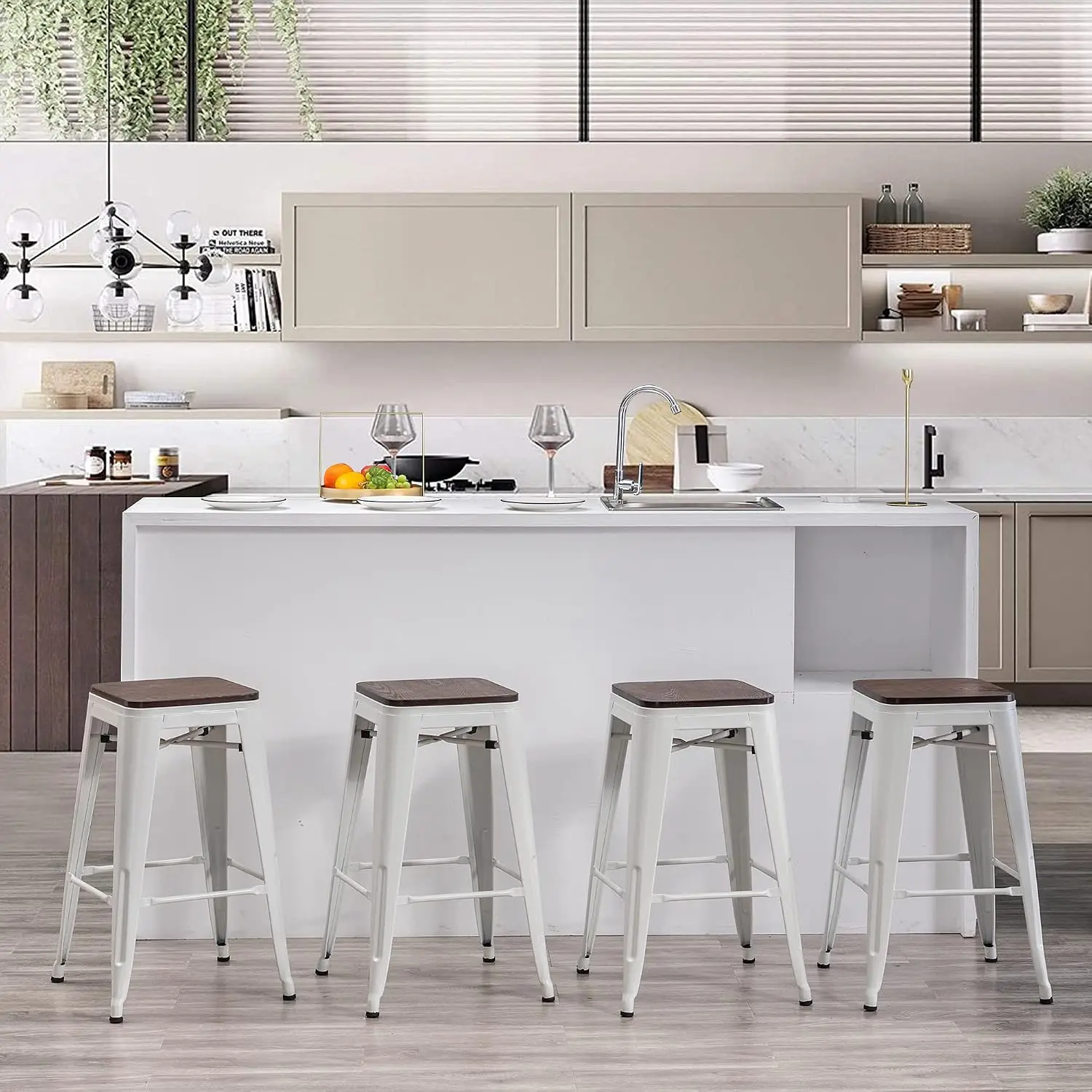 Industrial Counter Height Bar Stools Stackable Backless Metal Barstools Set of 4 for Kitchen Dining 30 Inch White, Customized