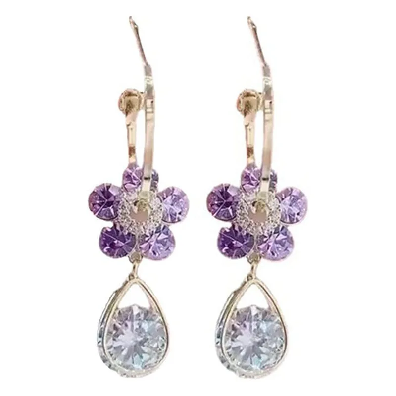 S925 Silver Needle Purple Blue Crystal Flower Drop Earrings 2024 Trendy Design Female Luxury Shining Zircon Earrings Wholesale