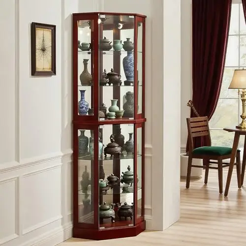 Lighted Corner Display Cabinet with Glass Doors, Wooden Curio Cabinet with Adjustable Shelves & Curved Design, Vintage