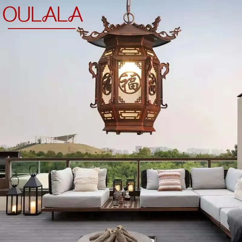 

OULALA Chinese Lantern Pendant Lamps Outdoor Waterproof LED Brown Retro Chandelier for Home Hotel Corridor Decor Electricity