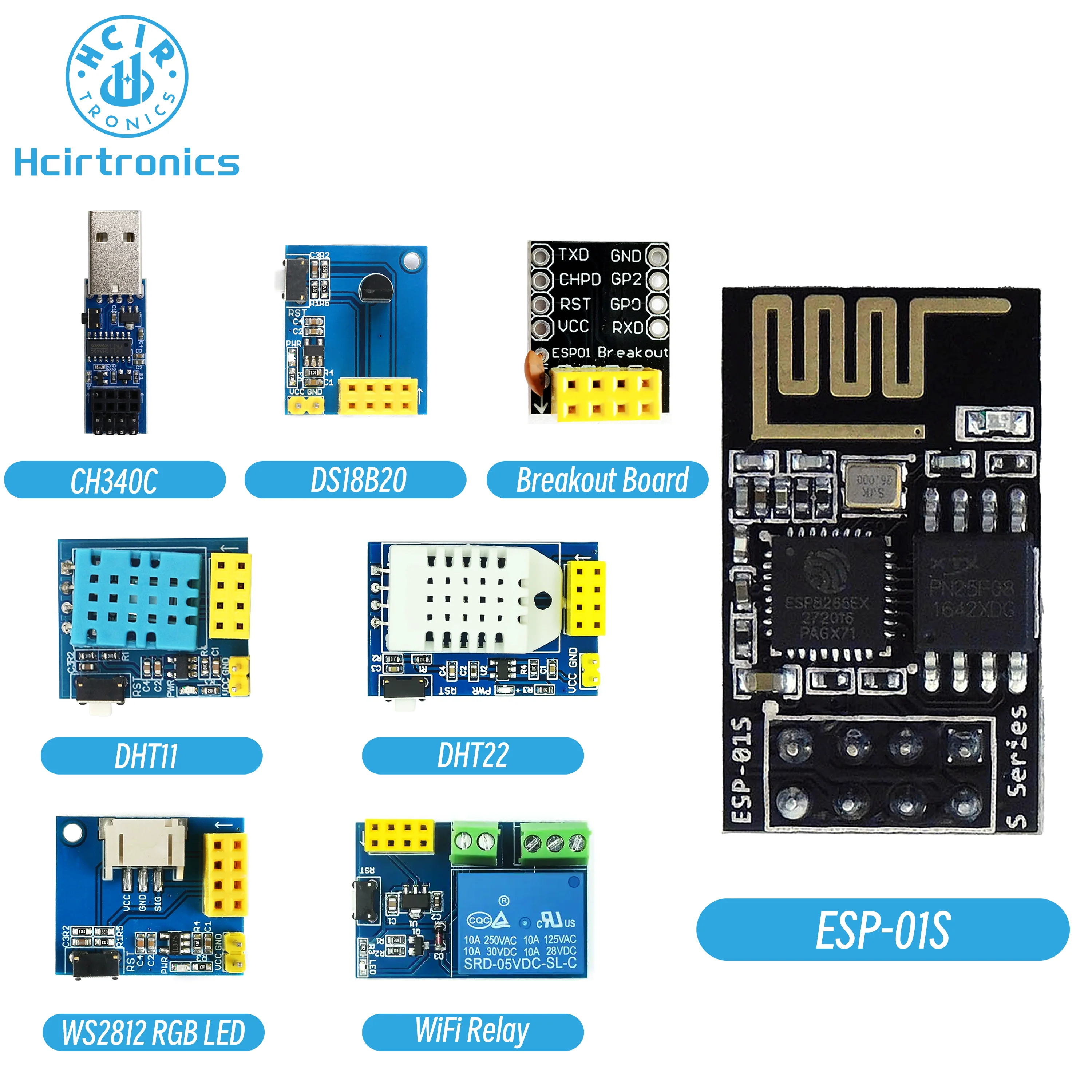 ESP8266 ESP-01S ESP01S и совместимые модули CH340C, плата разрыва DHT11 DHT22 DS18B20, реле Wi-Fi WS2812, RGB-подсветка для Arduino