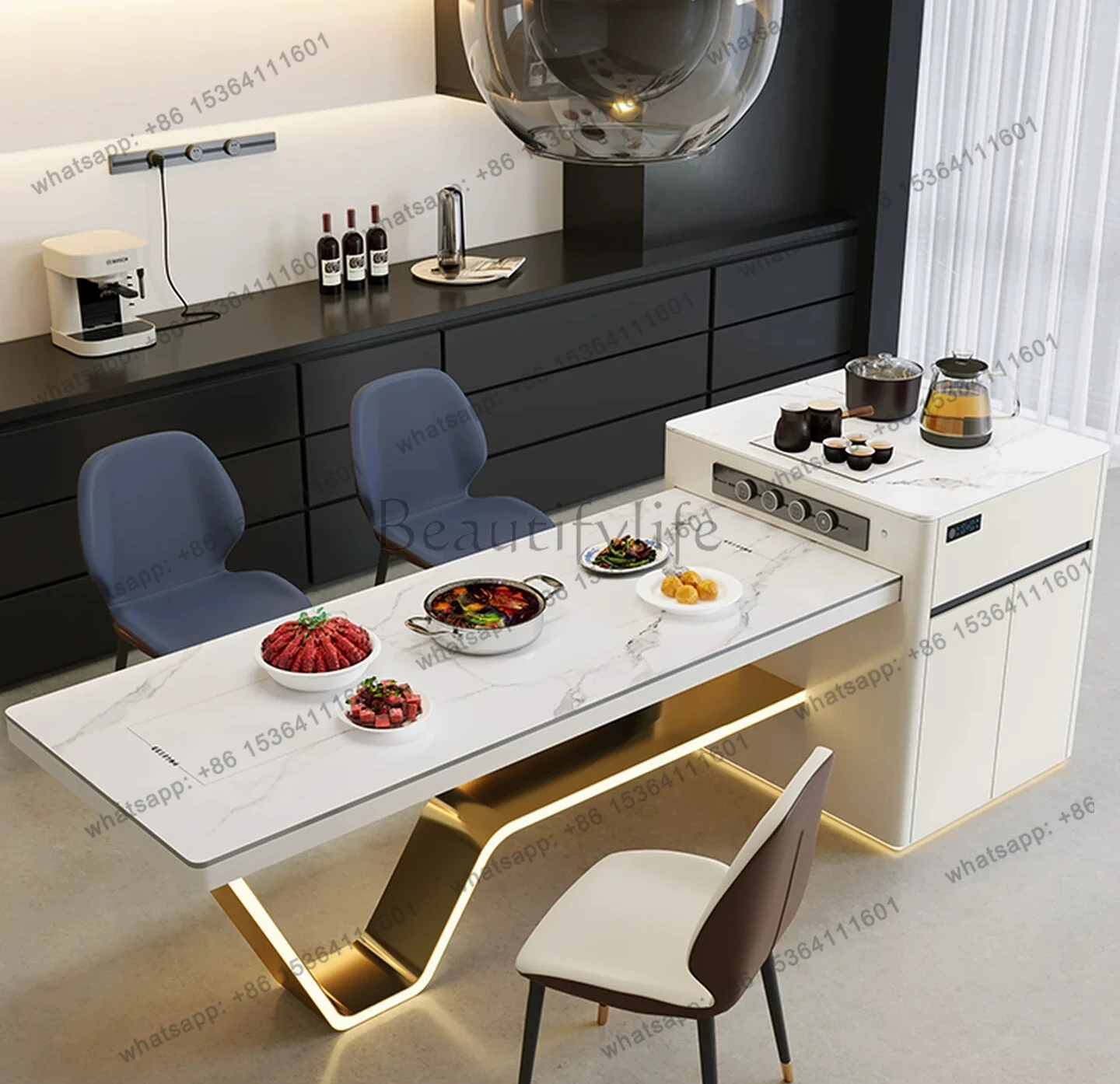 Island dining table integrated household retractable rock slab suspension kitchen dining table