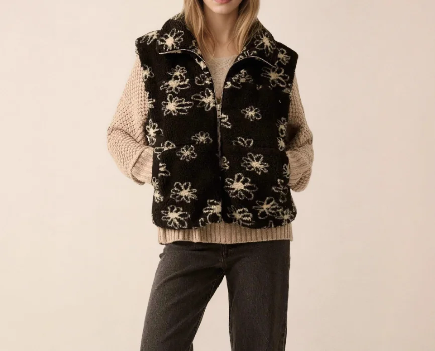 

Flip Collar Flower Jacquard Lambskin Warm Sleeveless Vest Jacket for Women's Casual Simple Zipper Front Sleeveless Vest Jacket