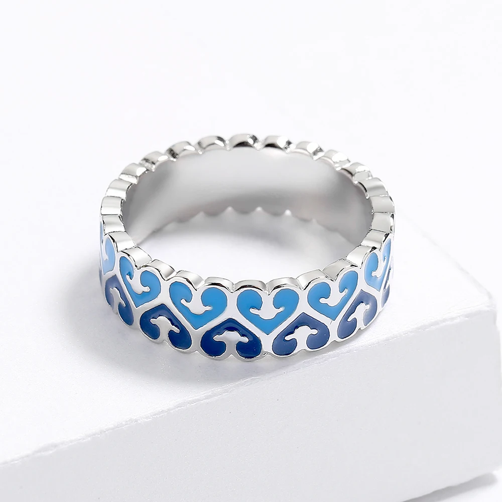 Creative New Blue Drip Glue Love Ring for Women's Fashion Party Jewelry Handmade Enamel Party Jewelry Heart Anniversary Gift