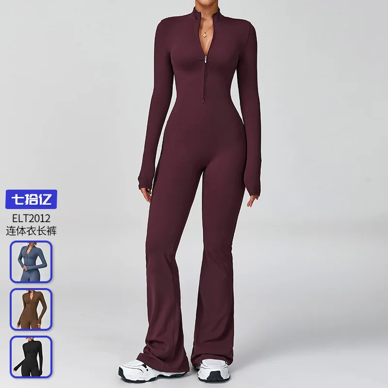Fall new Generic Long Sleeve Half Zip Fitness Yoga Jumpsuit High Intensity Workout Flare Hem One Piece Gym Bodysuit For Women