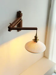 Japanese Walnut Wood Adjustable Wall Lamp Ceramics Lampshade Retro LED Fold Reading Light Homestay Cafe Aisle Stair Wall Lights