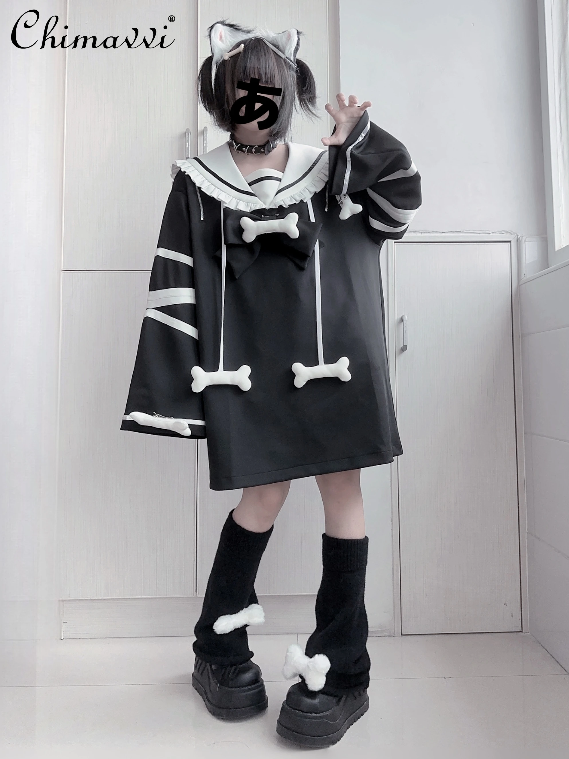 Oversize Long Sleeve Sailor Collar Sweatshirt Dress Women Japanese Subculture Female Loose Hoodie Dress Mine Series Y2K Dresses