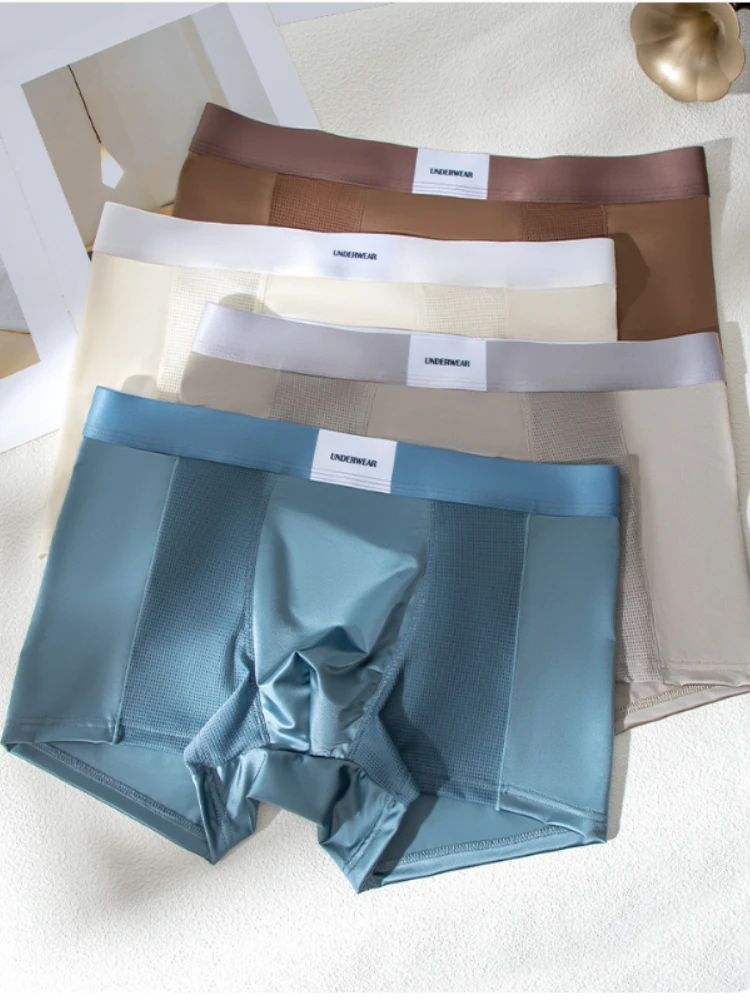 Luxury Satin Ice Silk Men's Boxer Briefs Breathable Side Mesh Underwear Quick-dry Cool Feeling Plus Size Boxer Underwear