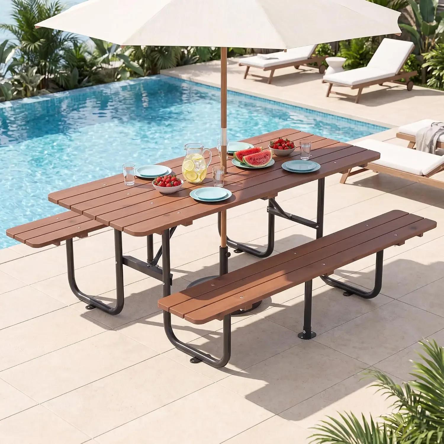 72" Rectangular Commercial Picnic Table with Wooden Top, Metal Legs, Durable Outdoor Dining Table Camping Table with 1.97" Umbre