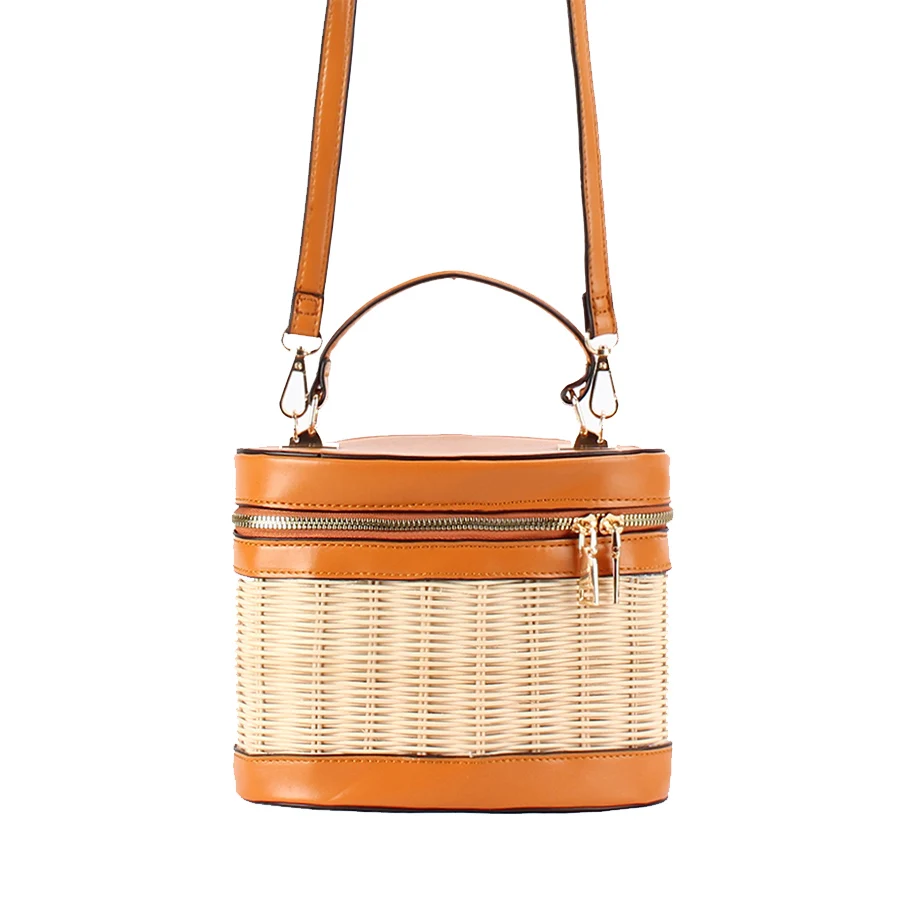 Fashion Rattan Straw Bucket Bag Weave Women Handbag Design Patchwork Shoulder Crossbody Bag Summer Travel Beach Small Tote Purse