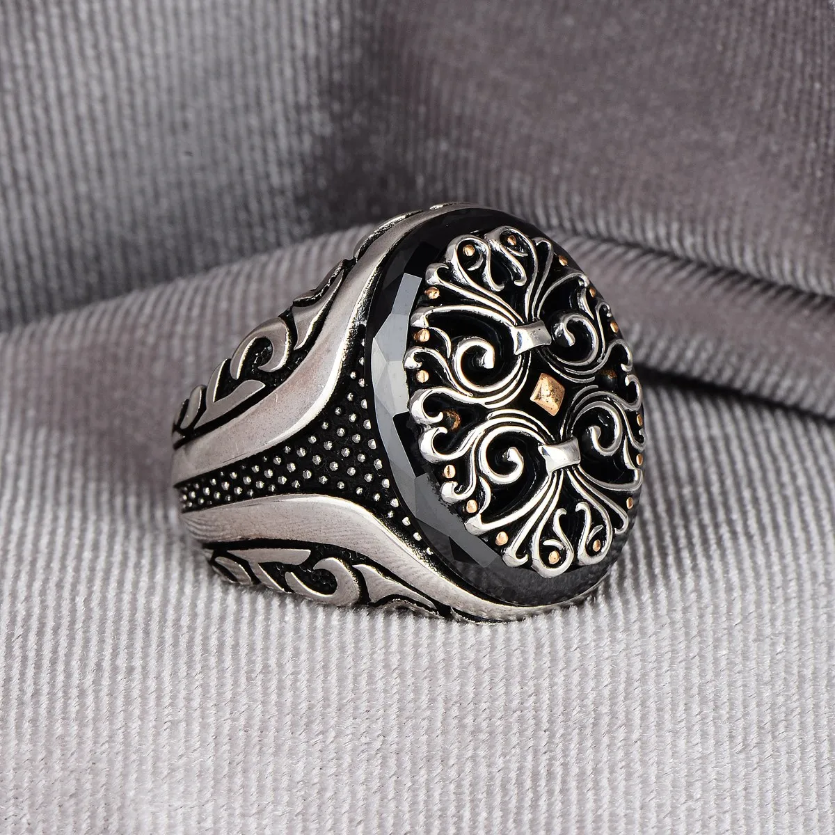 Men Handmade Ring , Ottoman Style Ring , Black Seremic Stone Ring , Embroidered Men's Ring , 925k Sterling Silver Ring