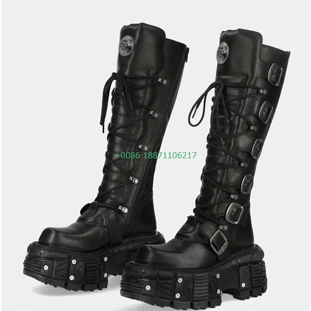 

Platform Punk Women's Motorcycle Boots 2024 New Round Toe Black Fashion Casual Boot Street Rock Belt Buckle Rivet Knight Boots