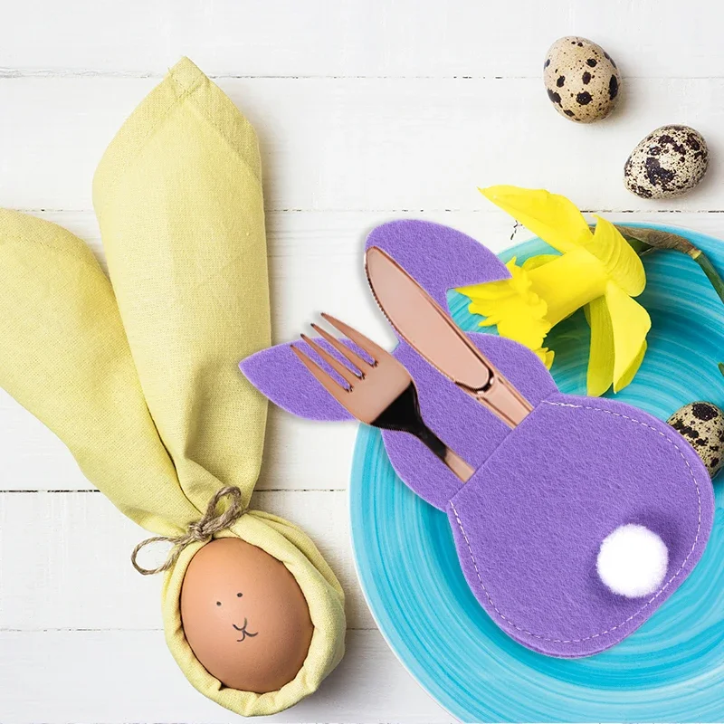 4 قطعة أرنب عيد الفصح شكل حقيبة أدوات المائدة سكين شوكة أدوات المائدة حامل جيب عيد الفصح حفلة عشاء الجدول حلية الربيع لوازم الحفلات #3