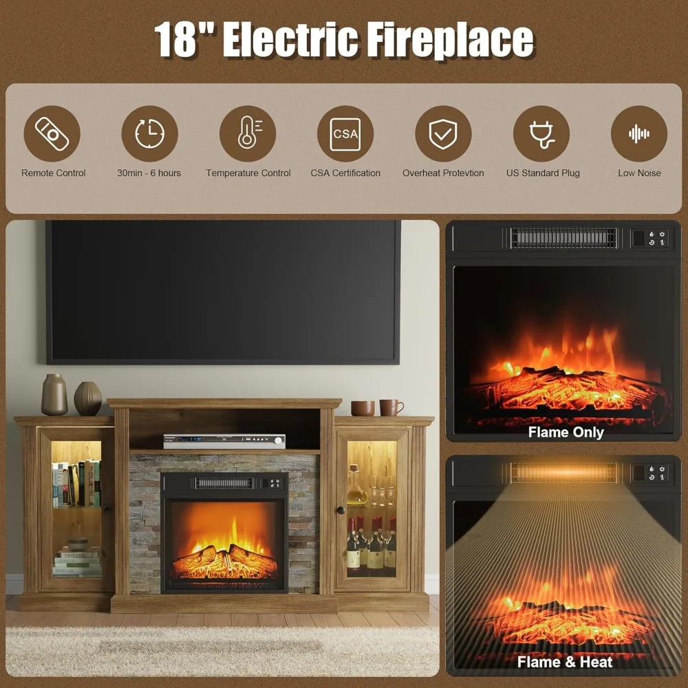 حامل تلفزيون مدفأة لتلفزيون 65 بوصة، مركز ترفيه مع مدفأة كهربائية 18 بوصة وأضواء LED، وحدة تحكم الوسائط الحديثة مع